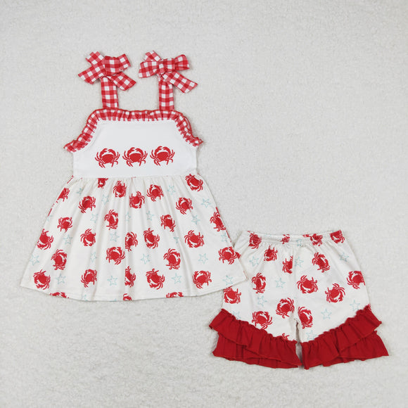 Crab Stars Red Beige Girls Shorts Sets