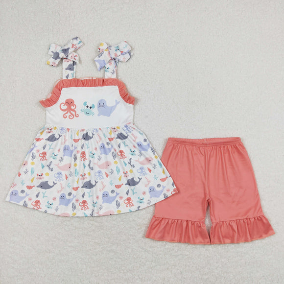 Octopus Crab Sea Lion Ruffles Girls Shorts Sets