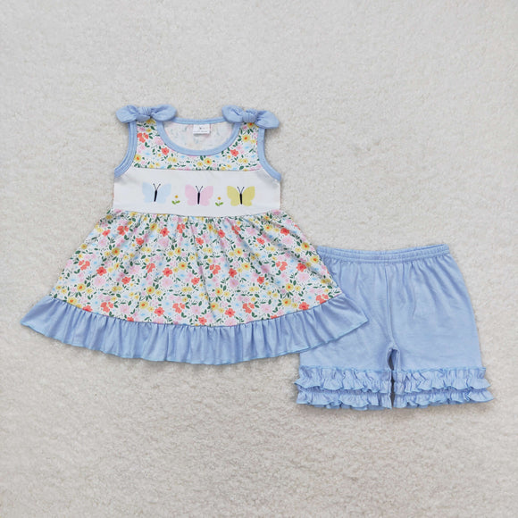 Butterfly Floral Blue Ruffles Girls Shorts Sets