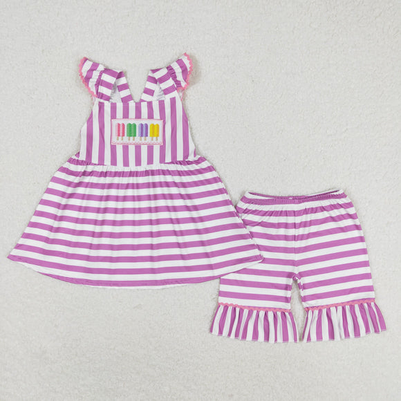 Popsicle Purple White Stripe Girls Shorts Sets