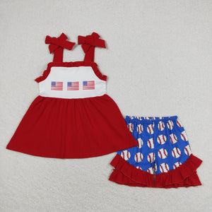 Baseball Flag Red Ruffles Girls 4th of July Outfits