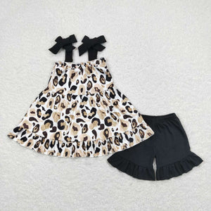 Leopard Print Black Girls Shorts Sets