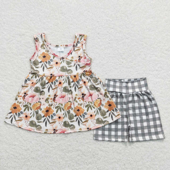 Floral Beige Green Plaid Girls Shorts Sets