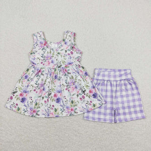 Floral Bluish Violet Plaid Girls Shorts Sets