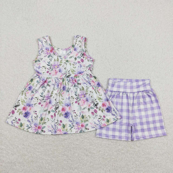 Floral Bluish Violet Plaid Girls Shorts Sets