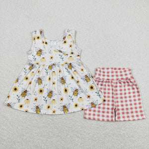 Bee Floral Plaid Girls Shorts Sets