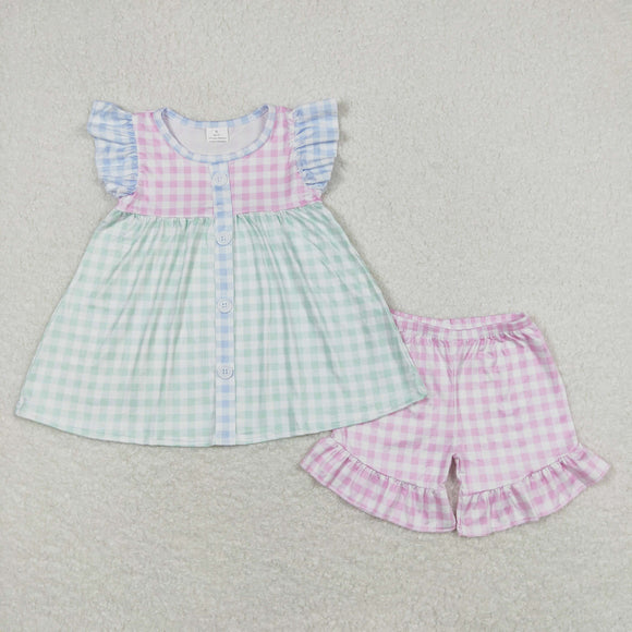 Colorful Plaid Girls Shorts Sets