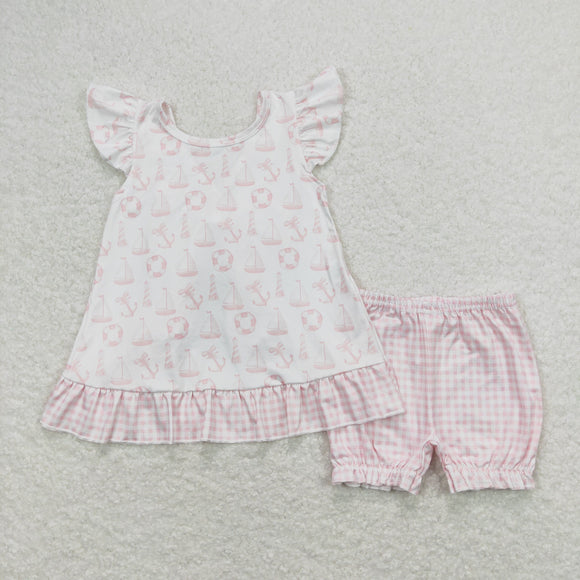 3-6M--5-6T Sailboat Anchor Pink Plaid White Girls Shorts Sets