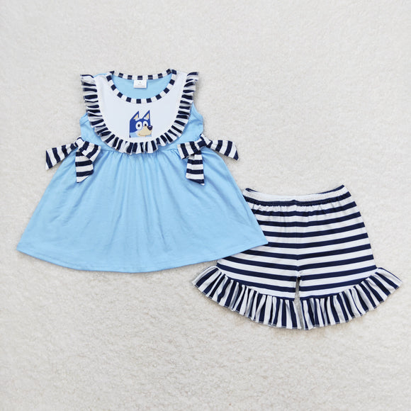 Cartoon Dogs Navy Stripe Bows Blue Girls Shorts Sets