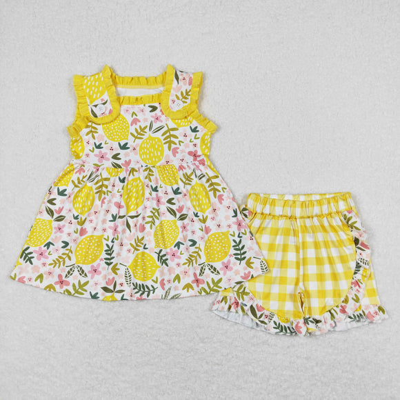 Lemon Yellow Ruffles Plaid Girls Shorts Sets