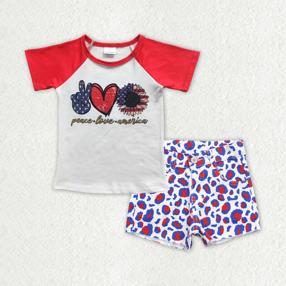 Letters Red Blue Leopard Print Denim Shorts Girls 4th of July Outfits