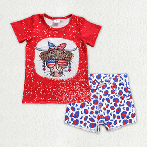 Cow Red Blue Leopard Print Denim Shorts Girls 4th of July Outfits