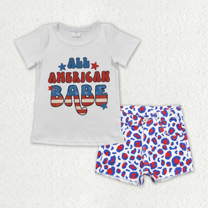 Babe Red Blue Leopard Print Denim Shorts Girls 4th of July Outfits