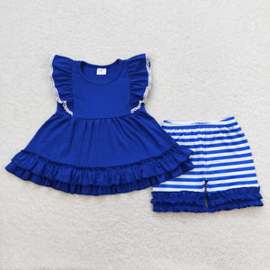 Blue Stripe Lace Ruffles Girls 4th of July Outfits