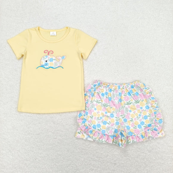 Floral Dolphin Yellow Girls Shorts Sets