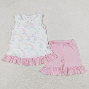 Sailboat Fish Pink Ruffles White Girls Shorts Sets