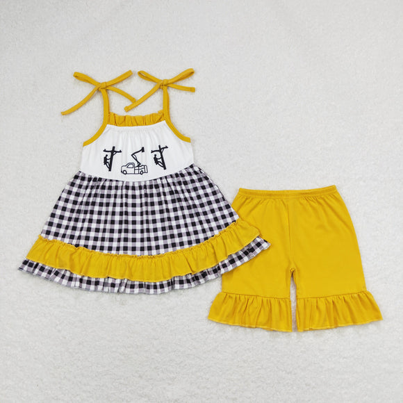 Lineman Yellow Ruffles Plaid Girls Shorts Sets