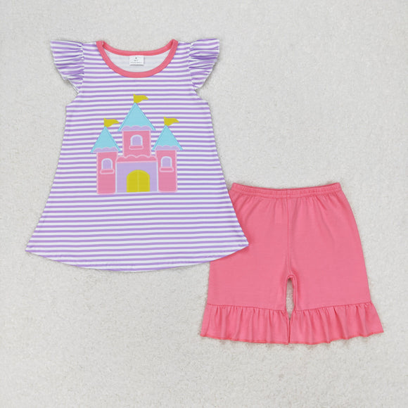 Cartoon Castle Purple Stripe Pink Girls Shorts Sets