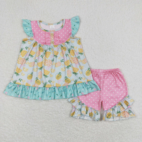 Lemon Pinapple Polka Dots Girls Shorts Sets