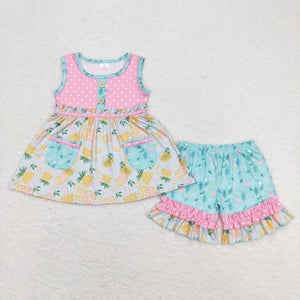 Orange Juice Polka Dots Pink Blue Girls Shorts Sets