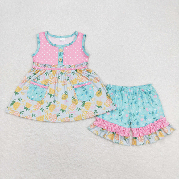 Orange Juice Polka Dots Pink Blue Girls Shorts Sets