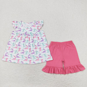 Dinosaur White Pink Girls Shorts Sets