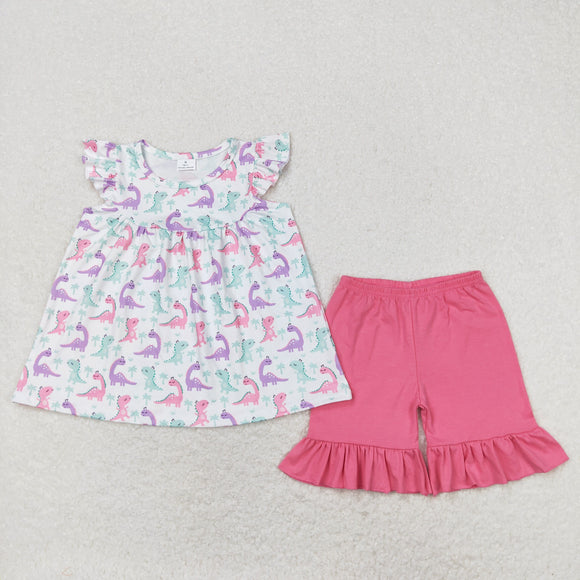 Dinosaur White Pink Girls Shorts Sets