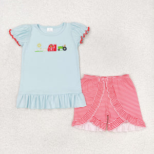 Farm Tractor Red House Red Stripe Blue Girls Shorts Sets