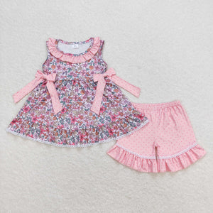 Floral Polka Dots Pink Ruffles Bows Girls Shorts Sets