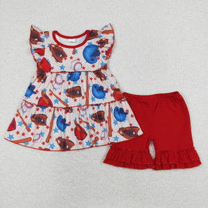 Baseball Stars Red Ruffles Girls Shorts Sets