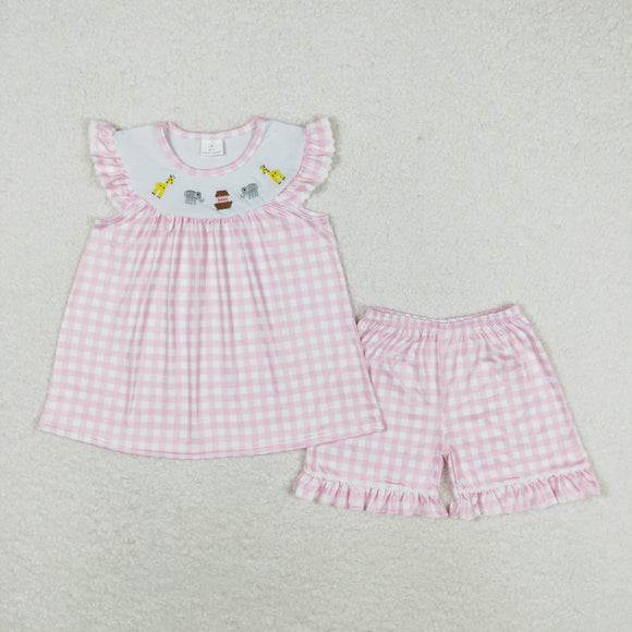 Giraffe Animals Pink Plaid Girls Shorts Sets
