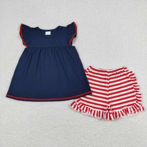 Solid Navy Red Stripe Girls Shorts Sets