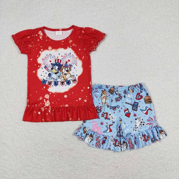 Cartoon Dogs Firework Red Girls 4th of July Outfits