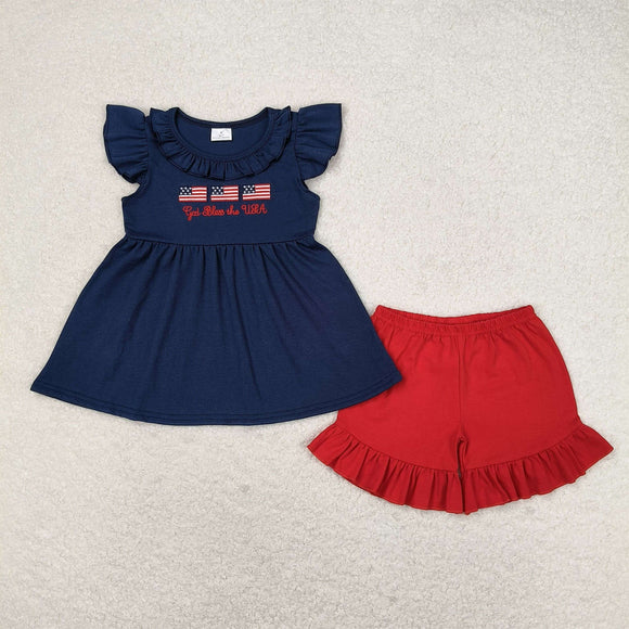 God Bless the USA Flag Navy Red Girls 4th of July Outfits