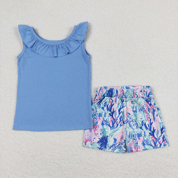 Solid Blue Ruffles Sea Grass Pattern Girls Shorts Sets