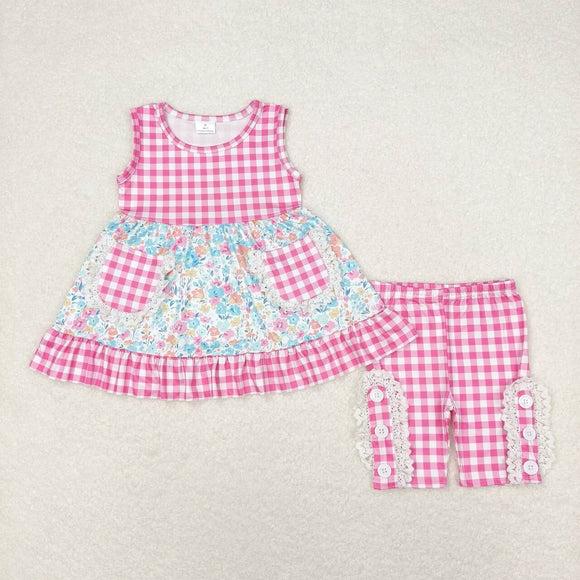 Floral Hot Pink Plaid Pockets Lace Ruffles Girls Shorts Sets