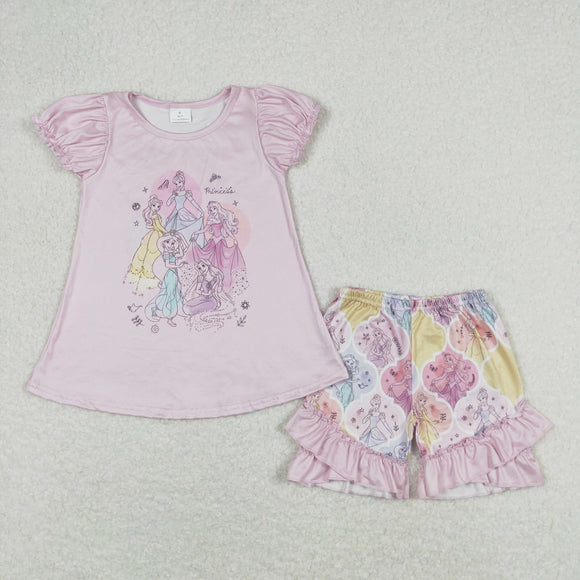 Cartoon Princess Pink Girls Shorts Sets