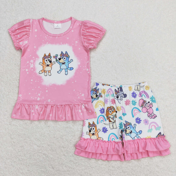 Cartoon Dogs Floral Pink Ruffles Girls Shorts Sets