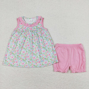 Floral Pink Ruffles Girls Shorts Sets