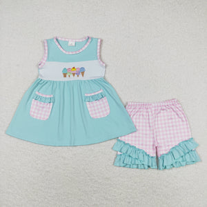 Ice Cream Plaid Pockets Bluish Girls Shorts Sets