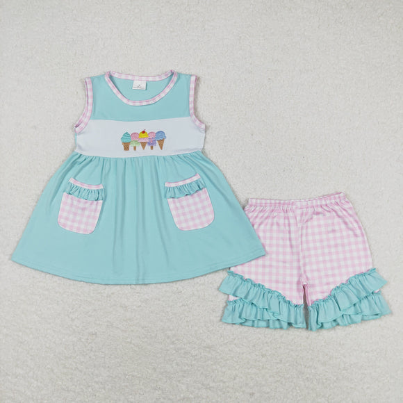 Ice Cream Plaid Pockets Bluish Girls Shorts Sets