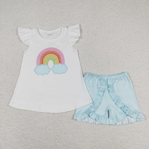 Rainbow Blue Plaid White Girls Shorts Sets