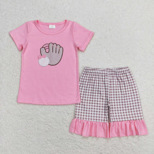 Plaid Baseball Pink Ruffles Girls Shorts Sets