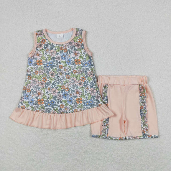 Floral Light Pink Ruffles Girls Shorts Sets