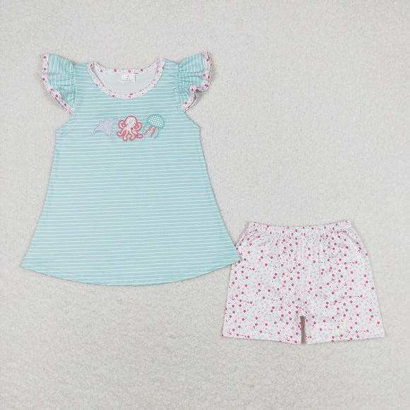 Octopus Jellyfish Stars Stripe Bluish Girls Shorts Sets