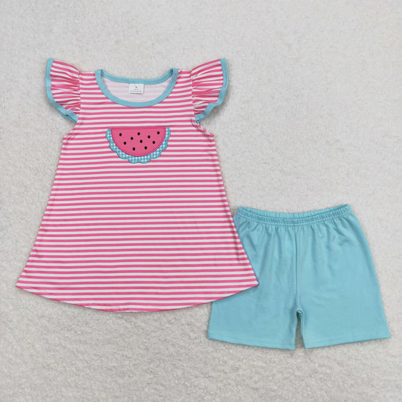 Watermelon Pink Stripe Blue Girls Shorts Sets