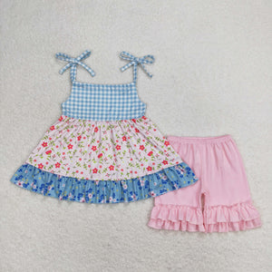 Floral Blue Plaid Pink Girls Shorts Sets