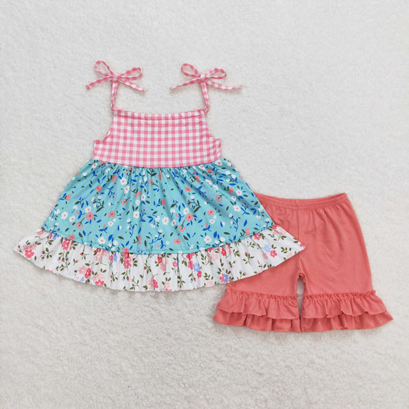 Floral Ruffles Pink Plaid Girls Shorts Sets