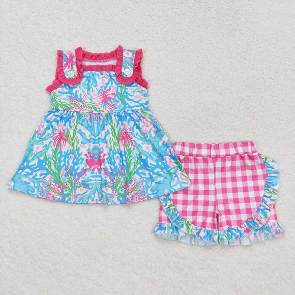 Sea Grass Hot Pink Ruffles Plaid Girls Shorts Sets