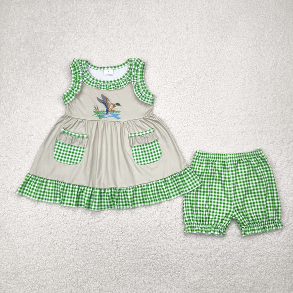 Duck Green Plaid Pockets Girls Shorts Sets